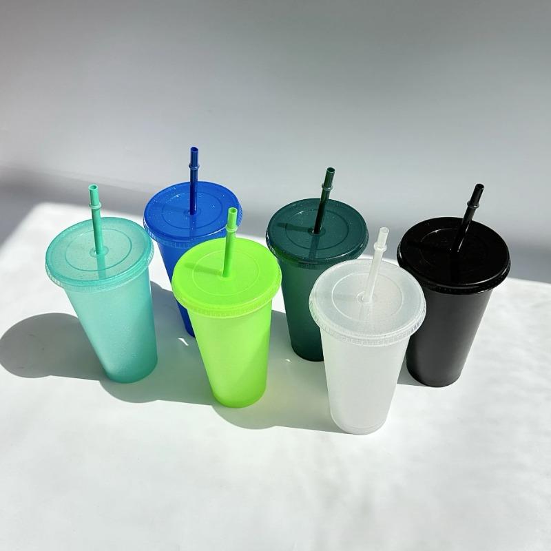 5pcs 24oz plastic cups with lids&straw reusable water bottle party cold cups Hard Plastic Cup Wedding Party Summer Drinkware