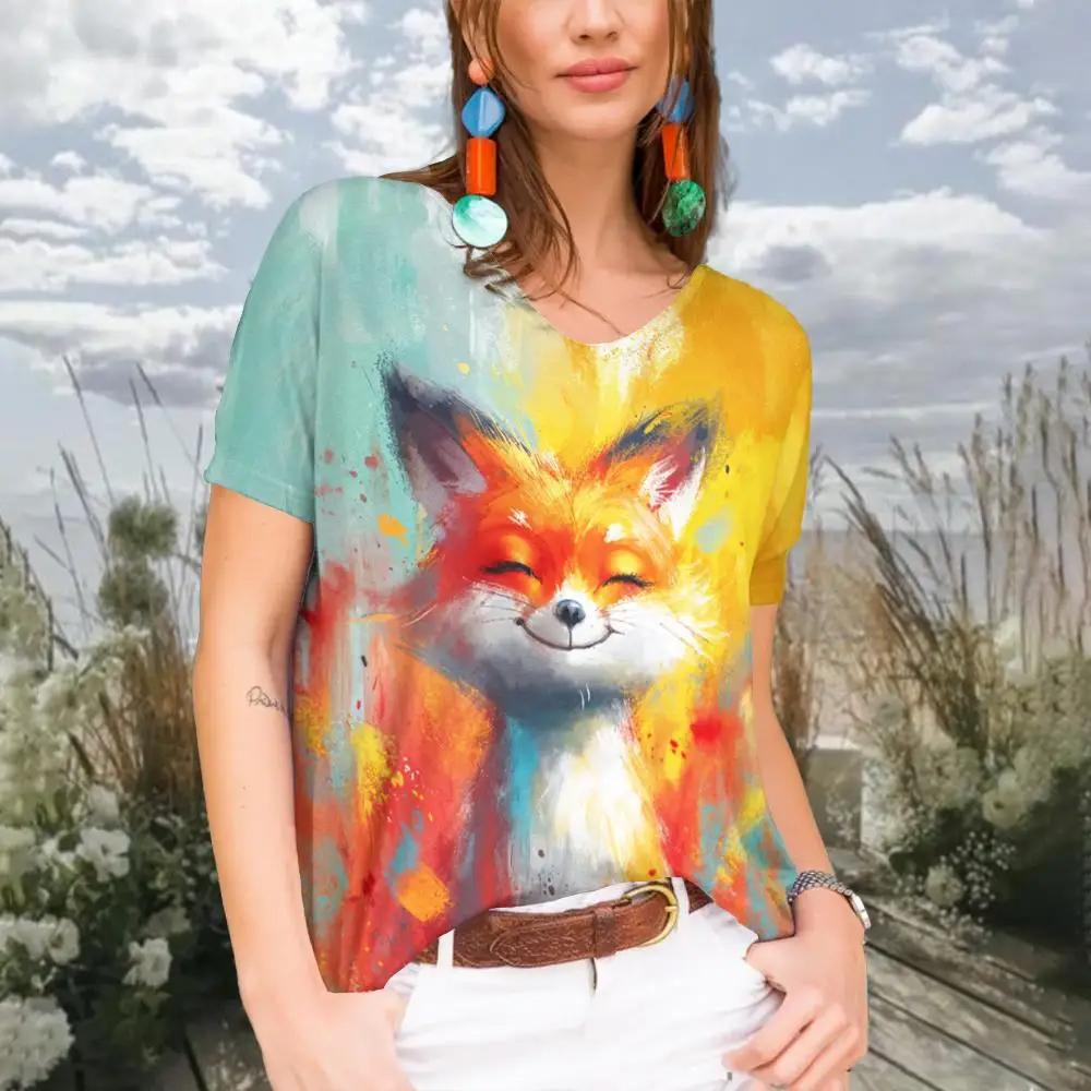 Summer Women Fashion V-Neck T-shirt Casual Cartoon Cat Tops Tees Female Colorful Short Sleeve Clothing Ladies Vintage Streetwear