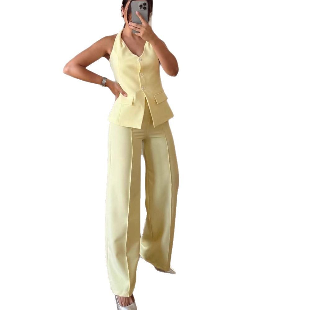2025 summer, Europe, America, waist and thin, casual commuter hip vest, button top, pants, two-piece women's clothing