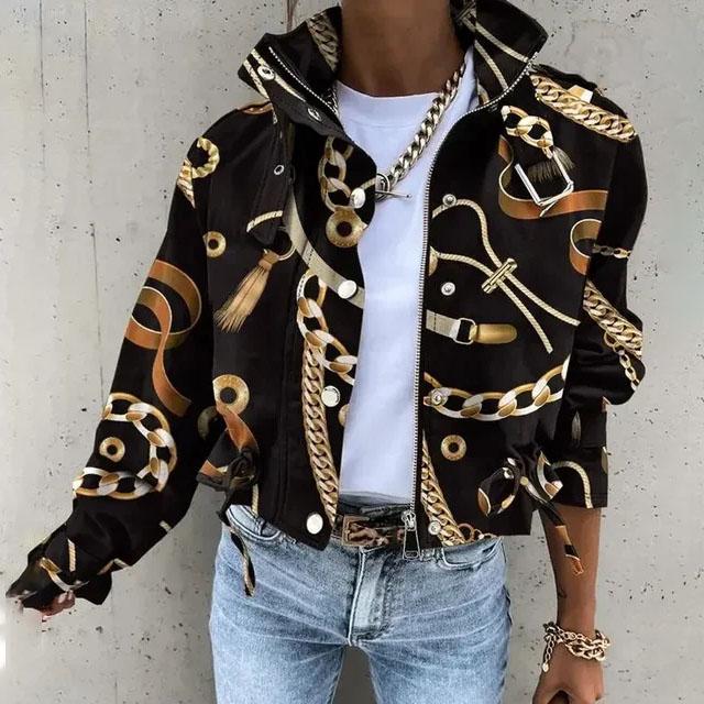 Women's Short Windbreaker Jacket Printed Workwear Long Sleeve Drawstring Coat