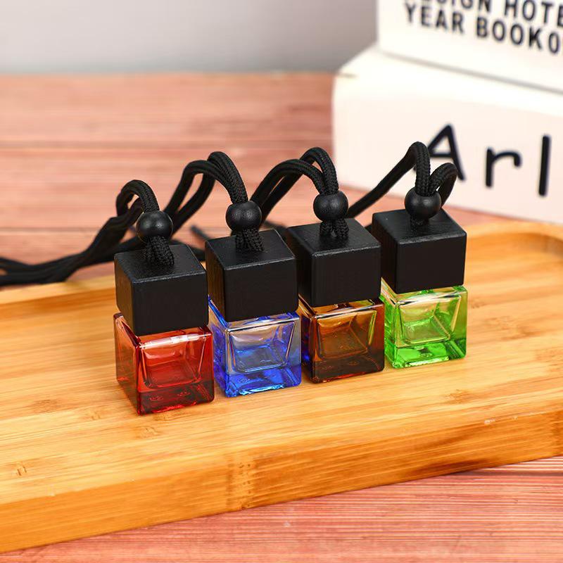 Aromatherapy Car Perfume Bottle, Refillable Glass with Wooden Lid & Lanyard, Portable Square Design.