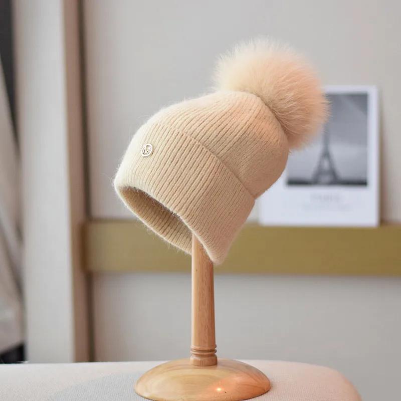 Winter Fox Fur Pompom Hats Angola Beanie For Women Studded Beaded Knitted Hats Outdoor Thick Warm Hat Casual Fashion Cap