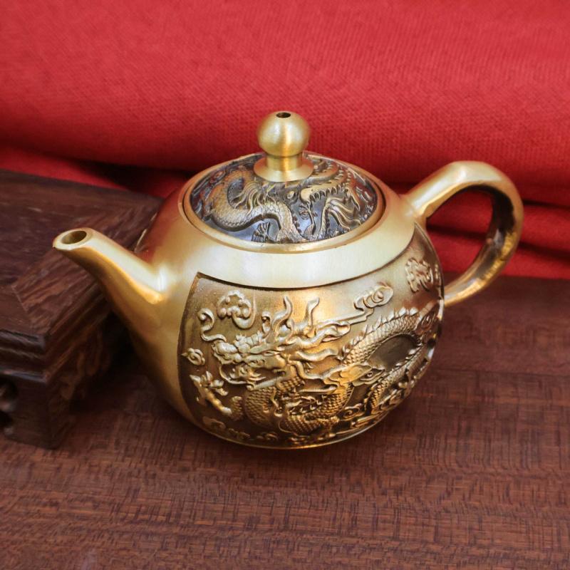 Brass Dragon and Phoenix Handheld Ornament Small Teapot Craft Set Wine Pot Office Tea Seat Home Decor