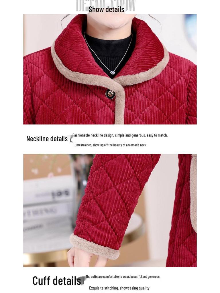 Warm Fleece-Lined Cotton Jacket for Middle-Aged & Elderly Women - Mid-Length, Loose Fit, Ideal for Autumn & Winter