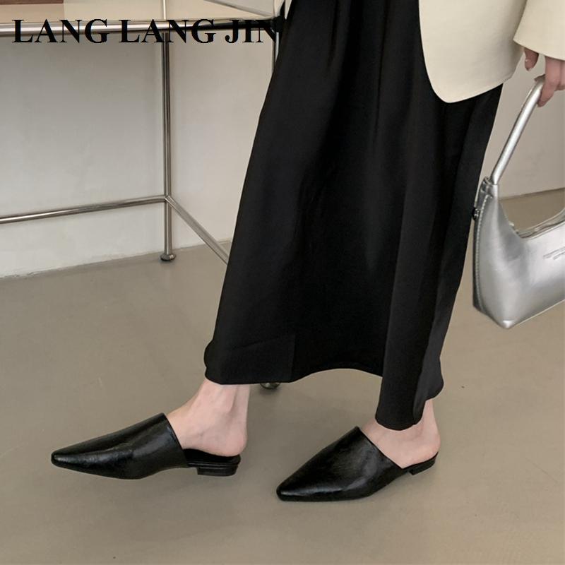 Designer 2025 Spring Pointed Toe Women Mule Slippers Female  Slip On Shoes Ladies Casual Loafers Flats Heel Slides Sandals Mujer