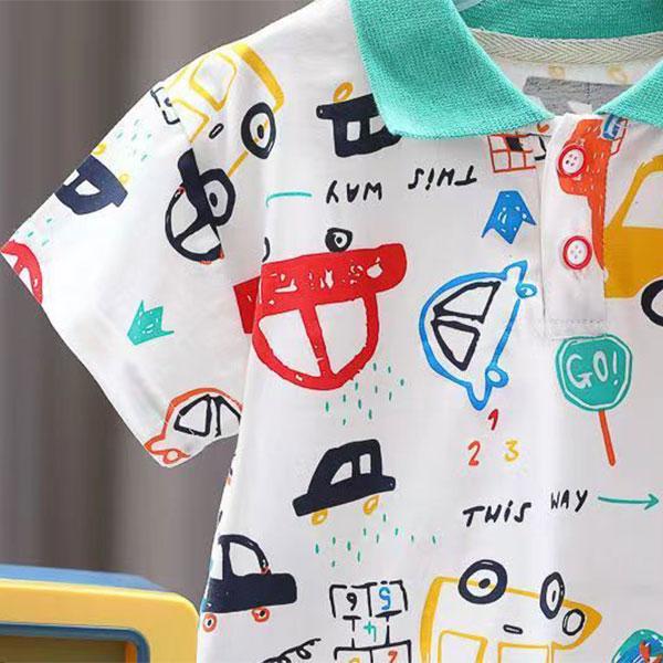 Cămașă cu mânecă scurtă cu rever cu model de mașină acoperită cu bumbac pentru bebeluși de vară de 0-5 ani, cu set de 2 piese de pantaloni scurți versatili casual din denim