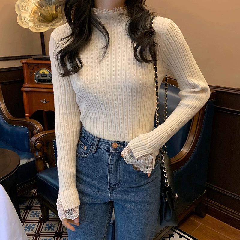 Lace Trim Semi-High Neck Slim Fit Women's Sweater - Apricot Knit Long Sleeve Top
