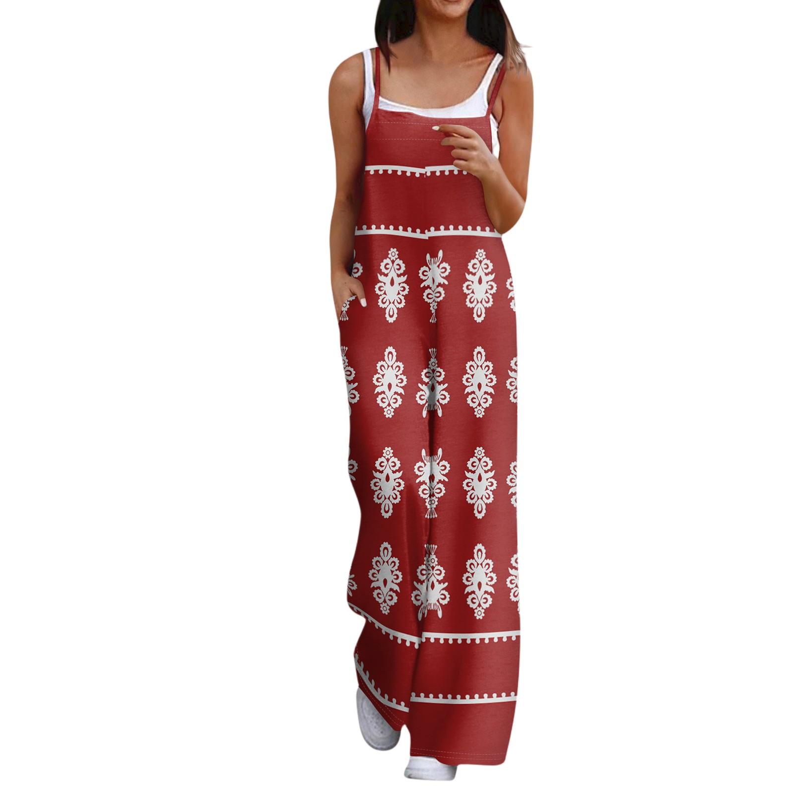 

Женский комбинезон с цветочным принтом в стиле бохо, свободный повседневный комбинезон без рукавов XL красный