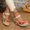 Damen Sommer Lässig Neu Super-Hoher Keilabsatz Blumenmuster Elastischer Riemen Schleife Dicke Sohle Böhmische Schuhe