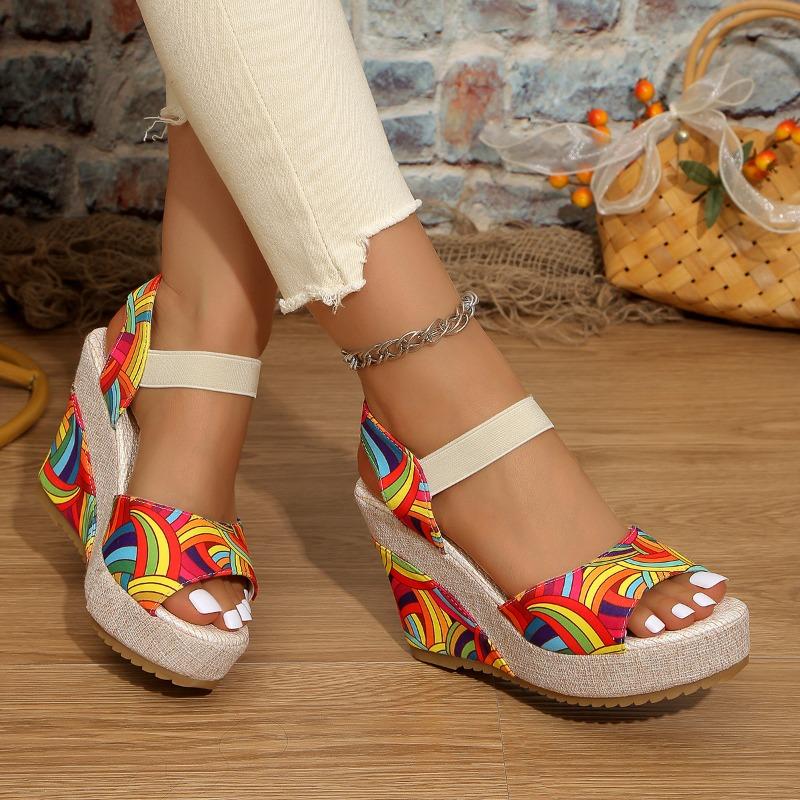 Damen Sommer Lässig Neu Super-Hoher Keilabsatz Blumenmuster Elastischer Riemen Schleife Dicke Sohle Böhmische Schuhe