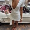 European and American style spring new women's clothing sexy deep V hip-wrapped short dress solid color casual short-sleeved dress