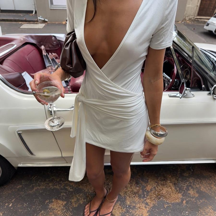 European and American style spring new women's clothing sexy deep V hip-wrapped short dress solid color casual short-sleeved dress