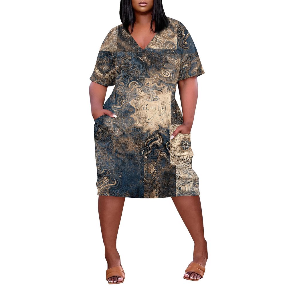 Letní nadměrné velikosti V výstřih krátký rukáv ke kolenům kapsa potisk ležérní šaty pro ženy