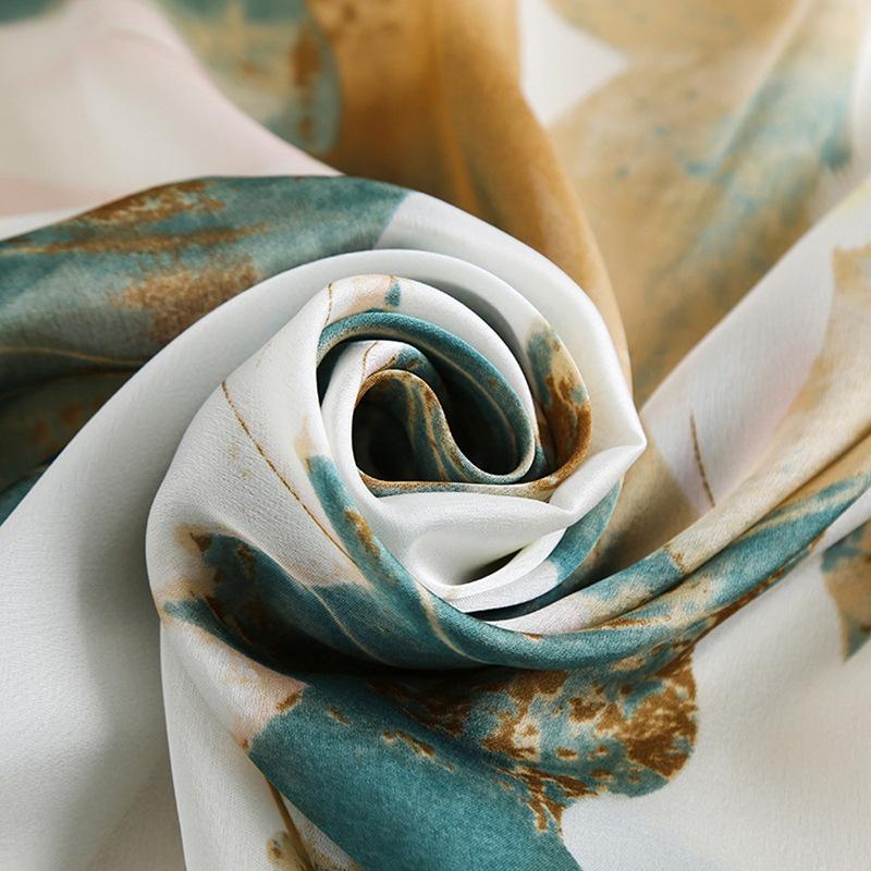 Long Silk Scarf Spring and Summer Thin Style Printed Scarf Beautiful Brocade Lotus Shawl Imitation Silk Scarf Gauze Scarf