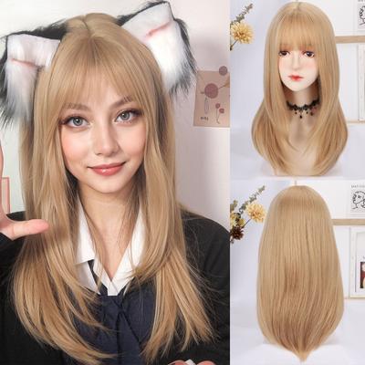 22 Inch Long Straight Bangs Wig Fiber Synthetic Wig Heat-resistant Non-Glare Natural Cosplay Hairpiece For Women Daily Use Korean Fashion