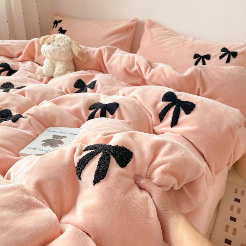 Bow High Gram Weight Thickened Milk Fleece Towel Embroidery Four-Piece Set Bed Sheet Quilt Cover Bedding Three-Piece Set