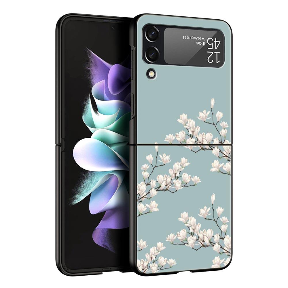 Flower Phone Case For Samsung Galaxy Z Flip3 Flip4 Flip5 PC Bumper Shell For Z Flip 3 4 5 Black Hard Folding Back Cover
