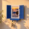Key Holder with Hidden Storage Shelf, Mediterranean-Style Window Frame Photo Display Stand, Functional Entryway Organizer with Blinds Decor