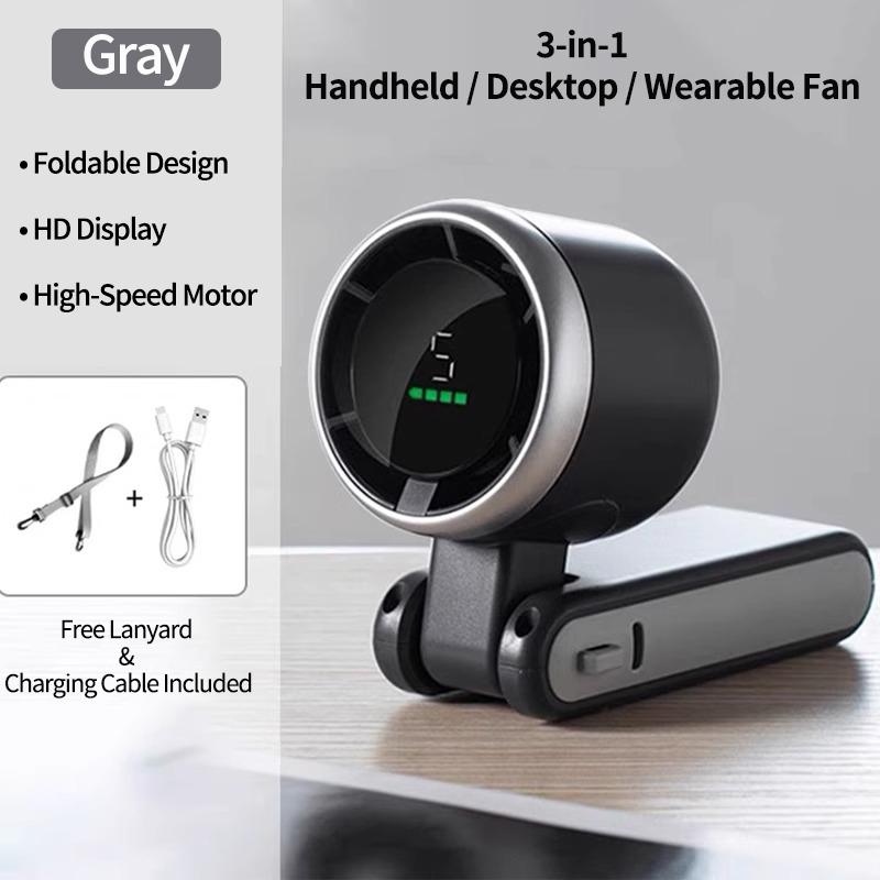 2026 Portable Handheld Turbo Mini Fan Foldable Neck Hanging Fans 5-Speed High-Velocity Airflow, USB Rechargeable 3600mAh серый