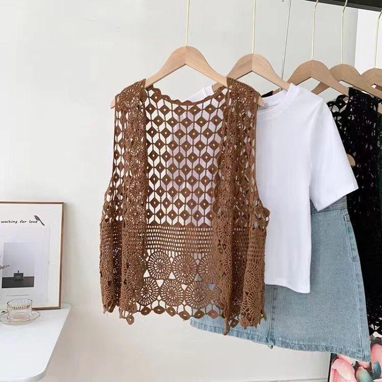 Chaleco de ganchillo de punto hueco para el verano de mujer con nuevo top de tirantes suelto bohemio sin mangas