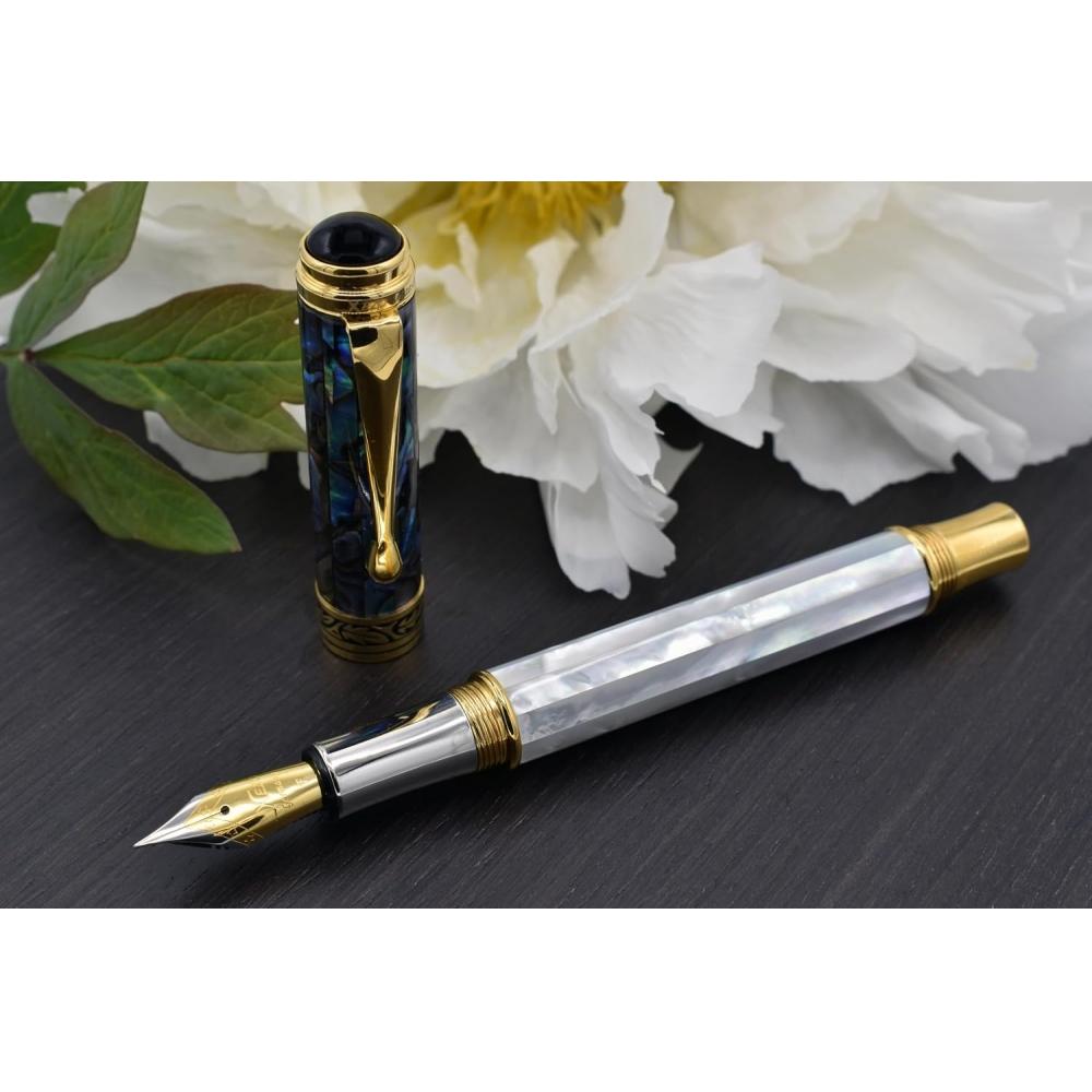 Xezo Fountain Fine Nib Rainbow White Mop Blue Paua 18k Pt Plated Serial Maestro