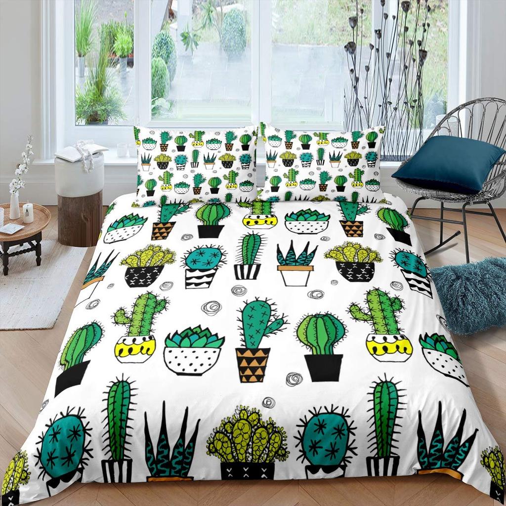 Tropical Botanical Bedding Set Bulbous Cactus Sketch Drawing Comforter Cover Cute Desert Plants Duvet Cover Flower Quilt Cover