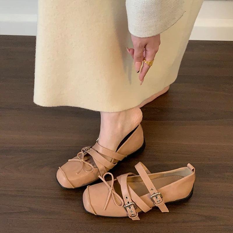 Fashion retro ballet shoes women's summer cross-buckle shallow mouth square head single shoes versatile flat Mary Jane shoes