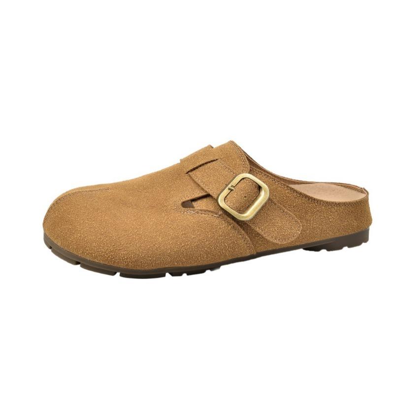 Retro simple lazy slippers shoes shallow mouth bag head half drag flat heel leather belt buckle