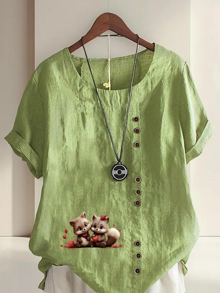 Women's Fashion Couple Bear Print Round Neck Short Sleeve T-shirt Summer Casual Cotton Linen Graphic Shirt Leisure Loose Blouse Tops