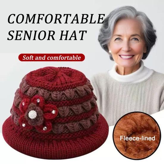 Winter Basin Hat Floral Design Soft Velvet Thermal Insulation Middle-Aged Elderly Women Knitting Hat Headwear