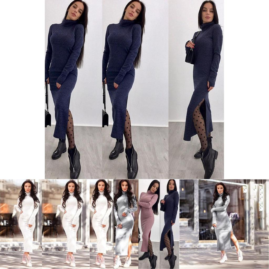 Luxurious Autumn And Winter Women's High Collar Sweater Dress In Solid Color