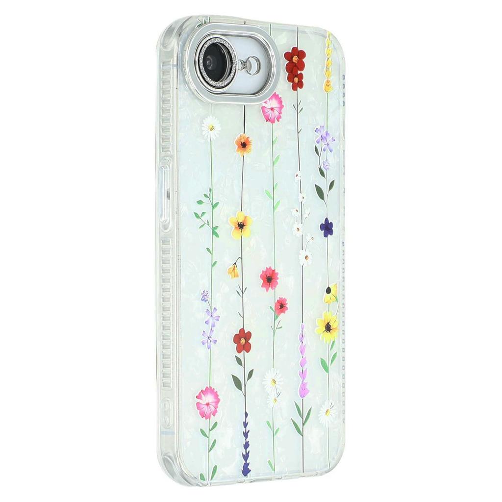 Für iPhone 16e Hülle Galvanisiertes Blumenmuster IMD TPU+PC Handy-Rückseite mit Glaslinsenfolie