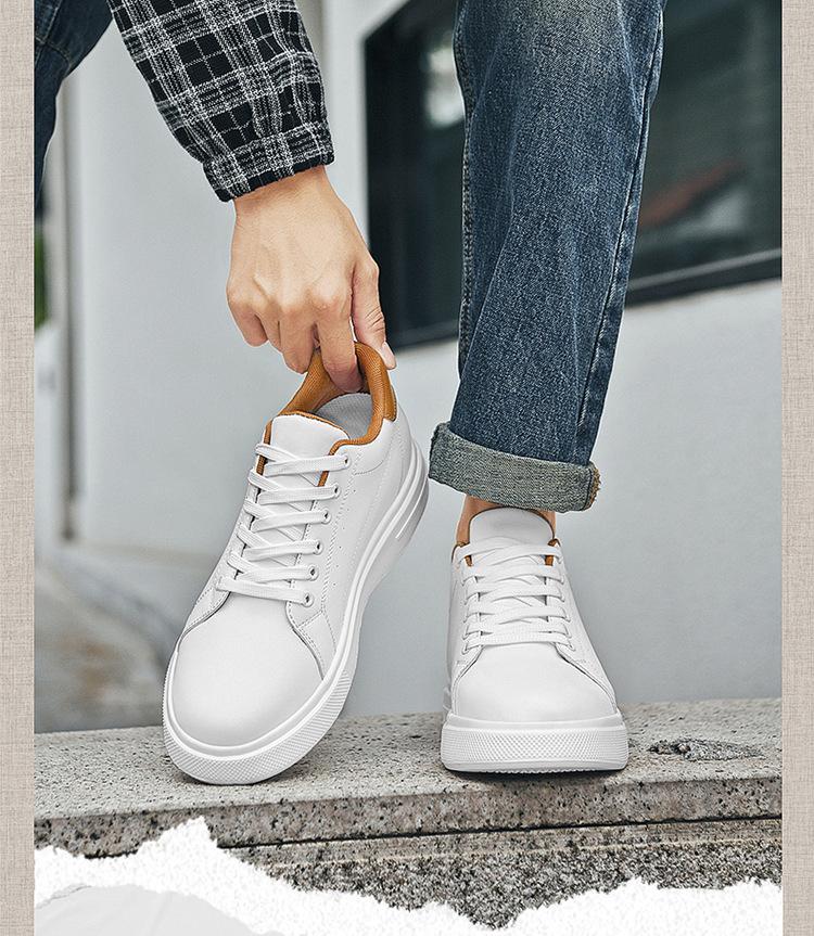 Pánské kožené tenisky zvyšující výšku o 8 cm - Bílé, Trendy silná podrážka, Prodyšné a ležérní sportovní styl