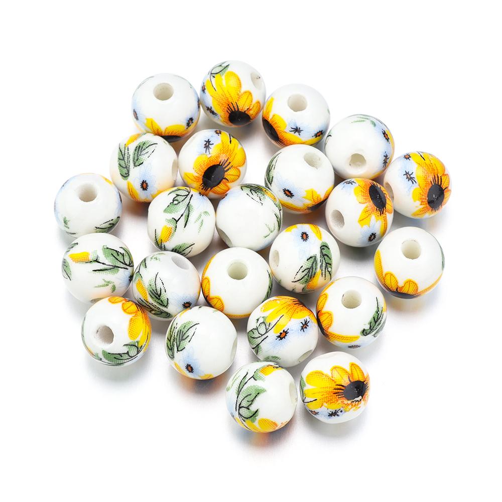 50Pcs 10mm Round Ceramic Beads Colorful Plum Blossom Sunflower Pattern Loose Porcelain Beads For DIY Bracelet Necklace Jewelry