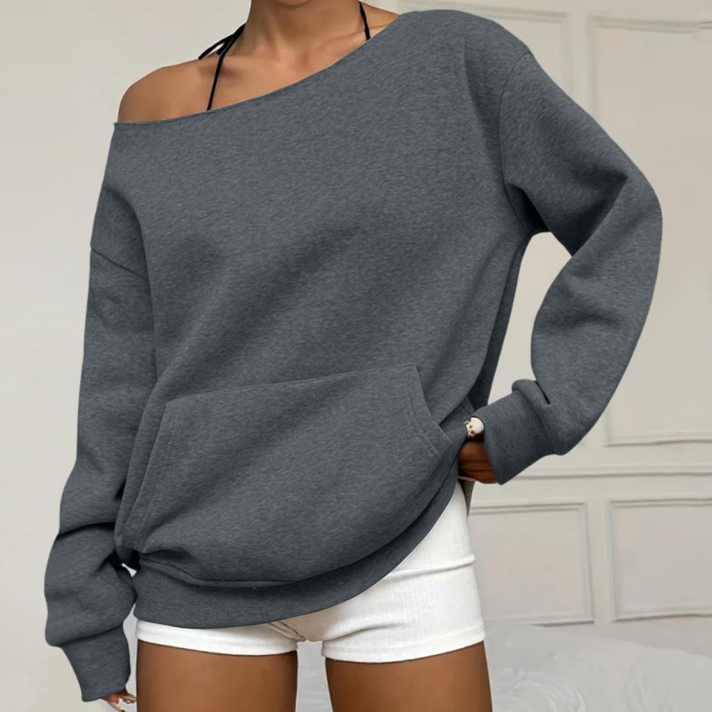 Women's Casual Fashion Solid Color Off-shoulder Long-sleeved Loose Sweatshirt With Pockets