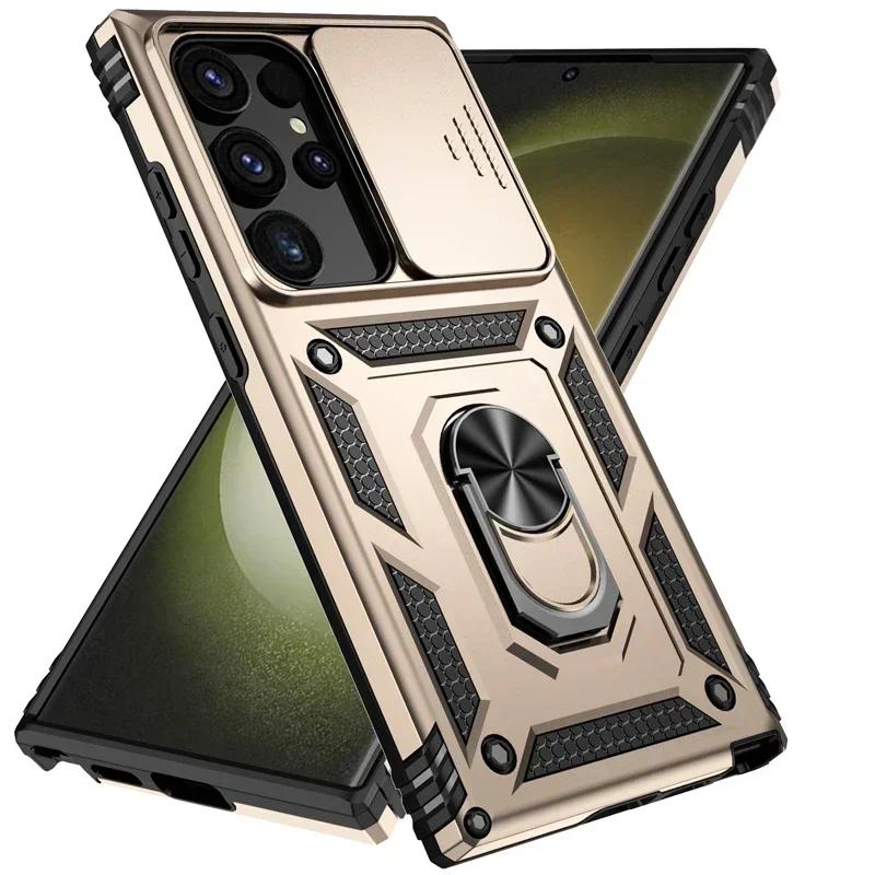 Ring Stand Rotating Slide Camera Lens Military Grade Armor Case For Samsung Galaxy S24 S23 S22 S21 FE S20 Note 20 Ultra A16 A06