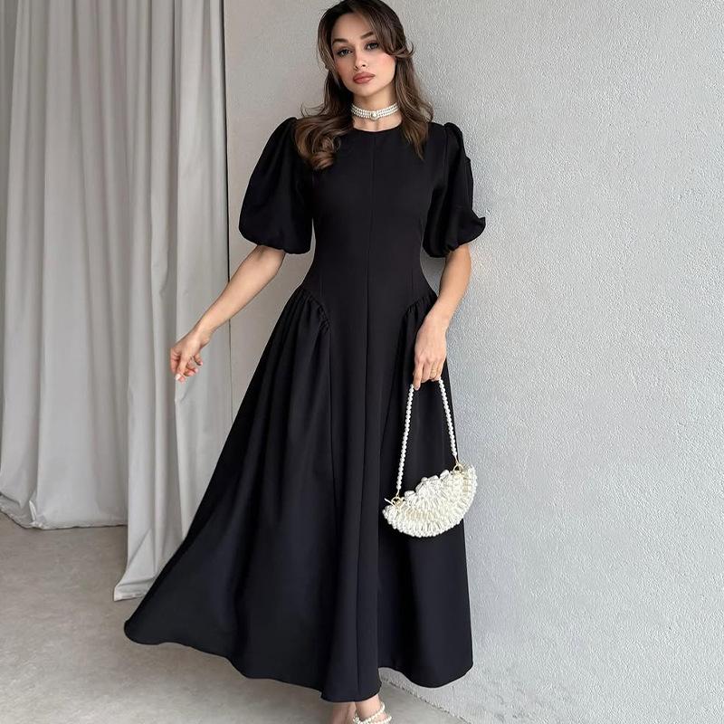2025 Summer Puff Sleeve Tie-Up Dress: Cute & Versatile Solid Color for Women