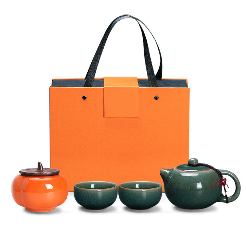 Ge kiln dense kiln kung fu tea set, one pot and four cups gift box, business souvenir for customers