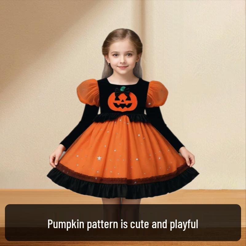 

Halloween Performance Dress with Puff Sleeves & Tulle Skirt - Ghost Face, Pumpkin Lantern, Black & Orange Block Design For height around 1.3m