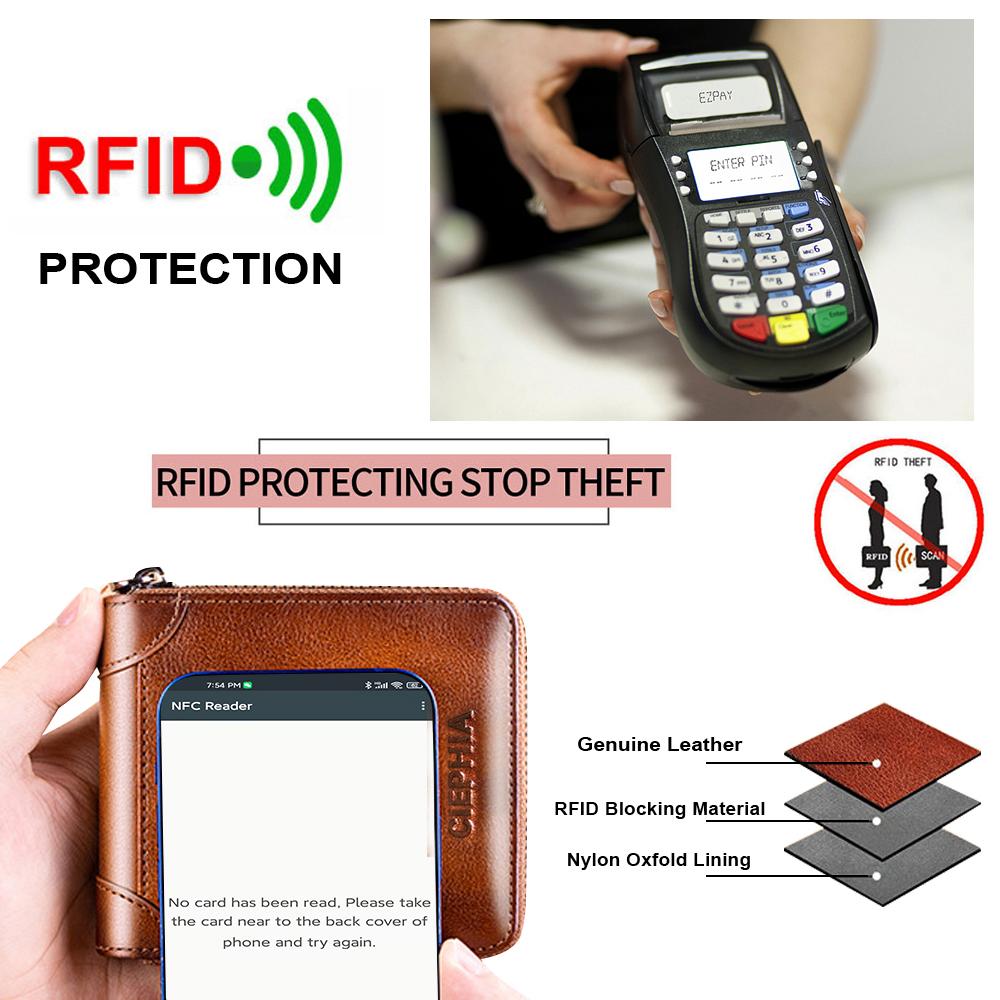 Echtes Leder-Geldbörse für Herren, RFID-blockierende Bifold-Reißverschluss-Geldbörsen, obere Schicht Rindsleder, multifunktional, ID-Kreditkartenhalter, Münztasche