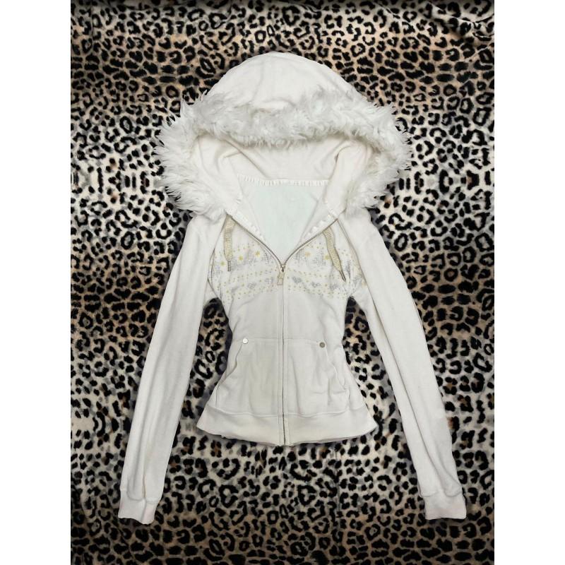 Chaqueta con capucha para mujer de estilo urbano con ribete de forro polar, cierre de cremallera frontal, corte ajustado, diseño estampado