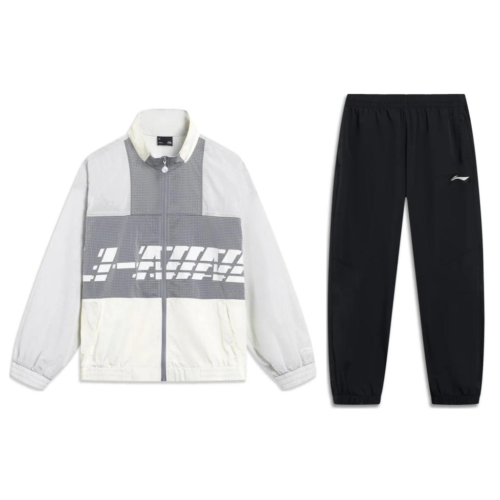 Li Ning Sports Lifestyle Series Letter Print Loose Stand Collar Jacket Woven Cuffed Quick Dry Knitted Long Pants Casual Sports Set AJDT405-3+AYKT415-1