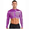 Men Mesh See Through Top Crew Neck Long Sleeve Front Zipper Half Shirt Breathable Metallic Club Top