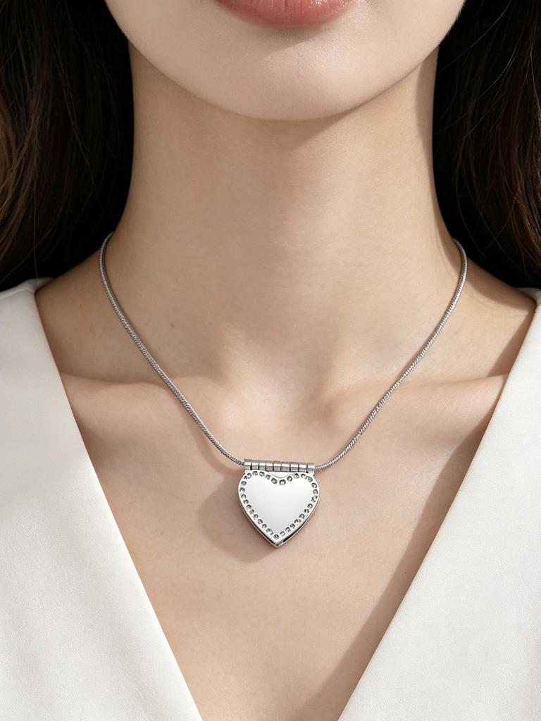 Stainless Steel Heart-shaped Rhinestone Pendant Necklace for Women