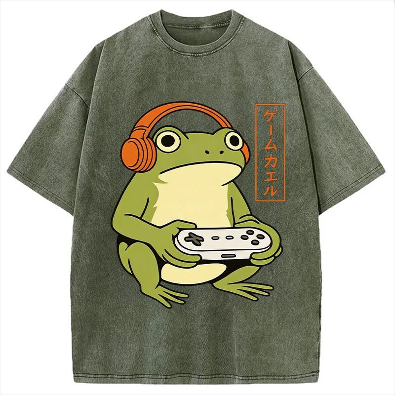 Japanese Gamer Frog Washed T-Shirt Fashion Summer Cotton Harajuku Sports Tees Y2K Vintage Holiday Tunics Unisex