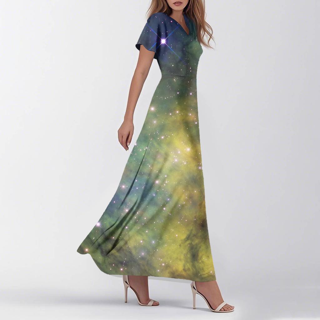 Women's Summer Casual Fashion -Print V-Neck Short-Sleeve Patchwork Dress