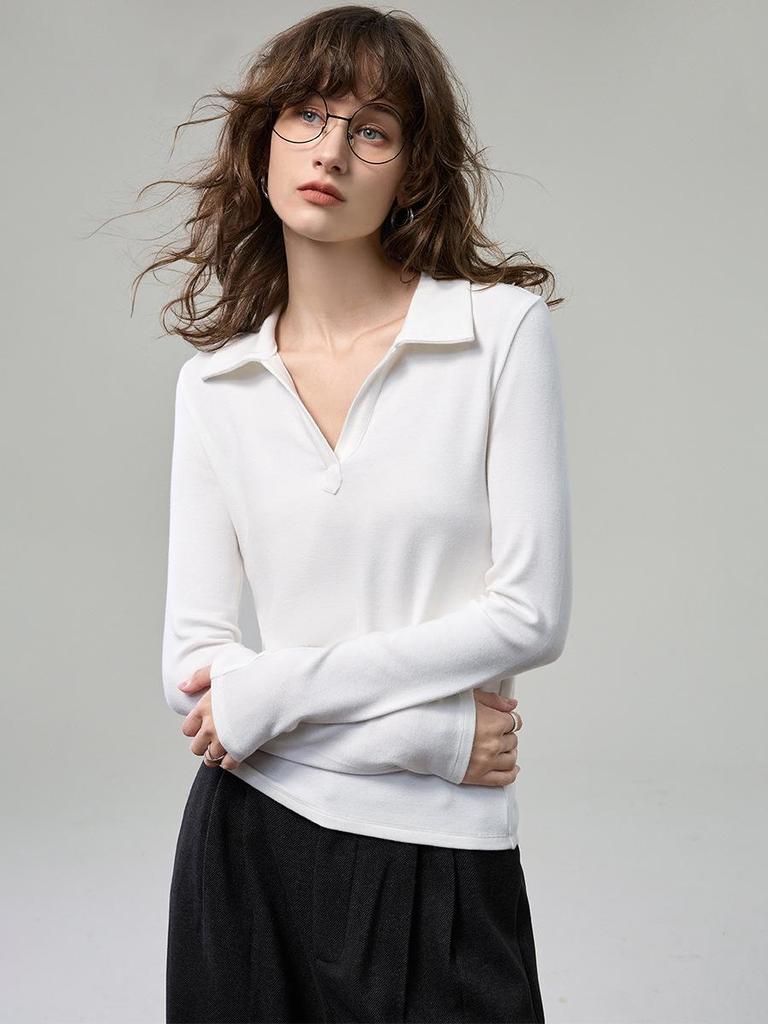 Women's 2025 Slim-Fit V-Neck Knit Long-Sleeve Polo Pullover