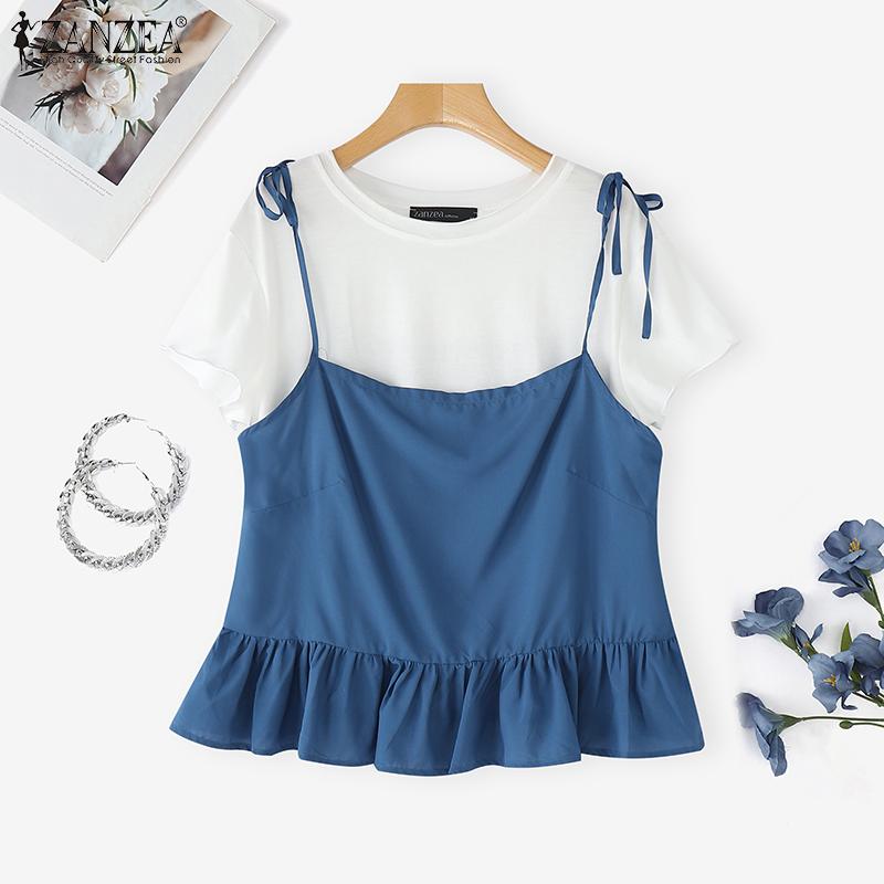 

ZANZEA Women Casual Fake Two Piece Patchwork Short Sleeve Blouse S розовый