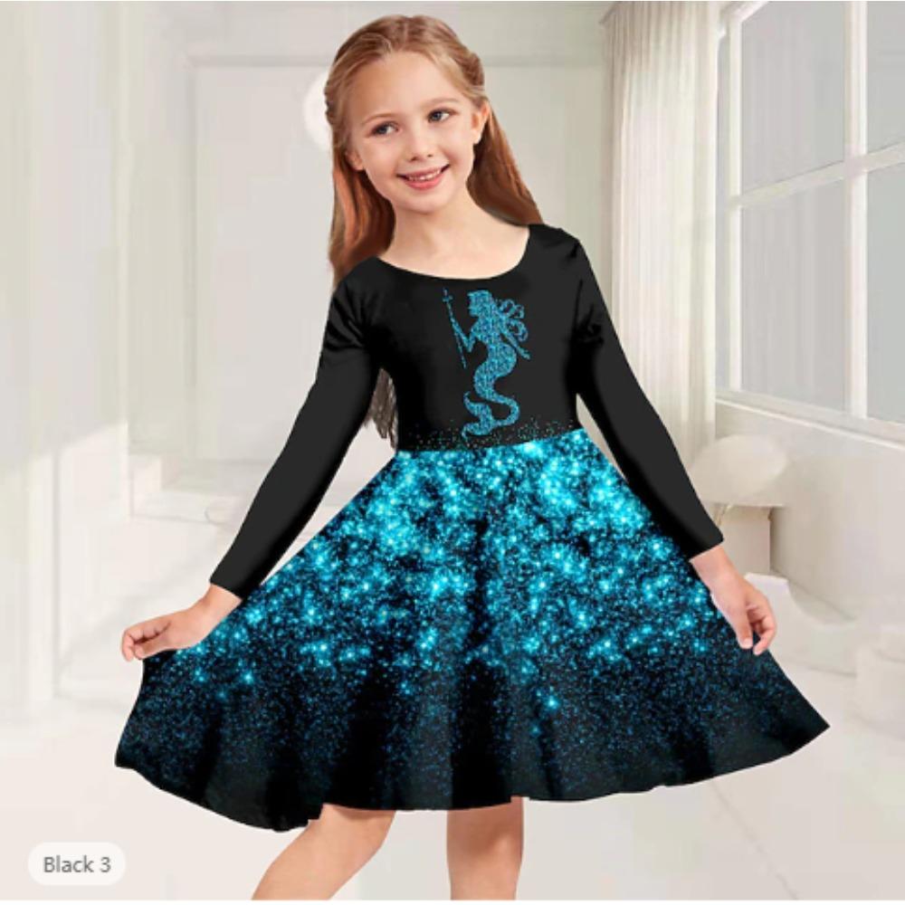 Girl Casual 3D Mermaid Print Round Neck Long Sleeve Dress Kid Princess Dress 80
