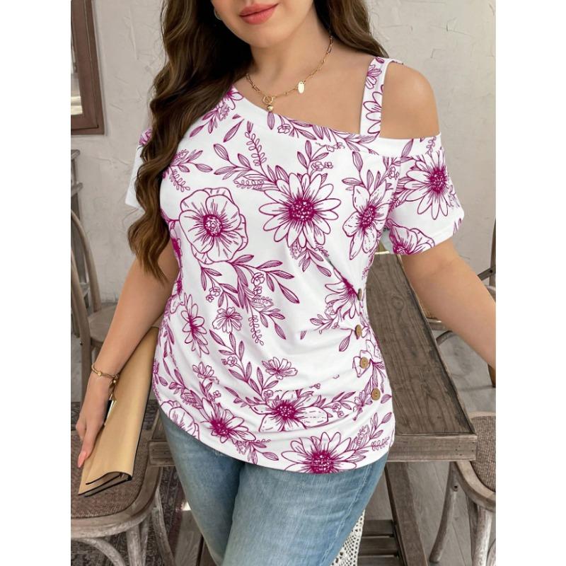 Plus Size Womens Summer Floral Print Off Shoulder Short Sleeve T Shirt 1XL